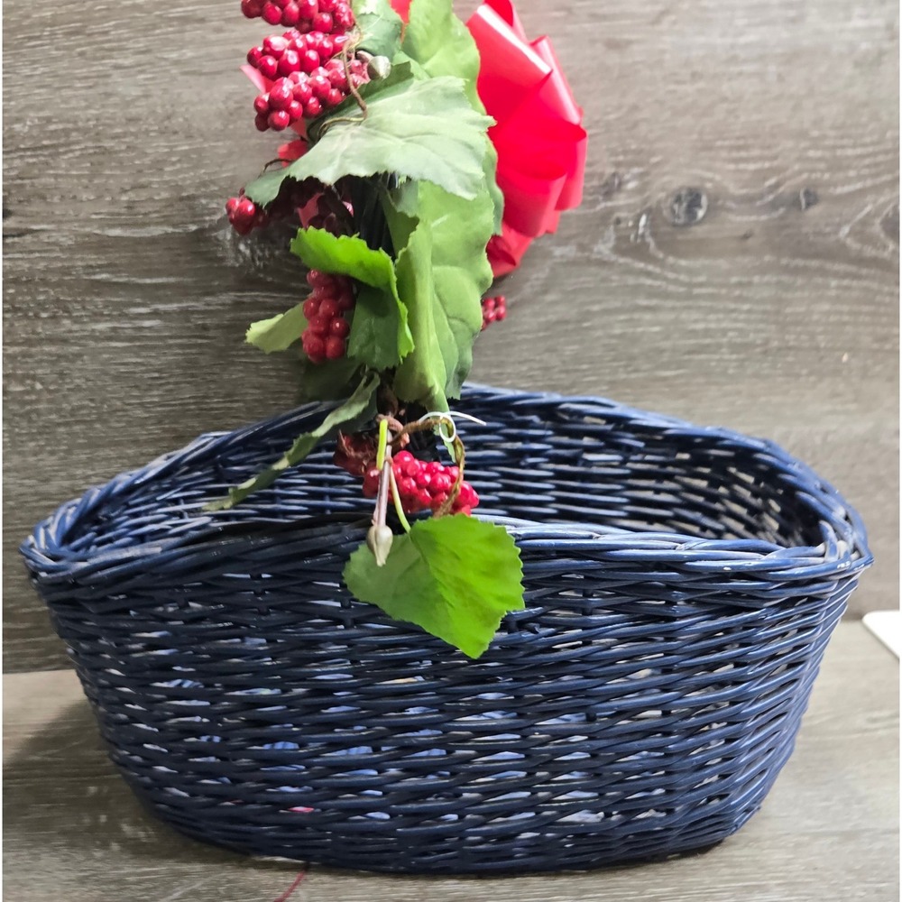 Decorative Blue Wicker Basket Red Bow Berries Green Artificial Leaves Holiday